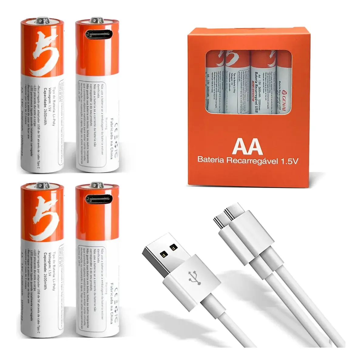 Pilha AA de lítio 1,5 V com USB-C: carrega no cabo, sem carregador