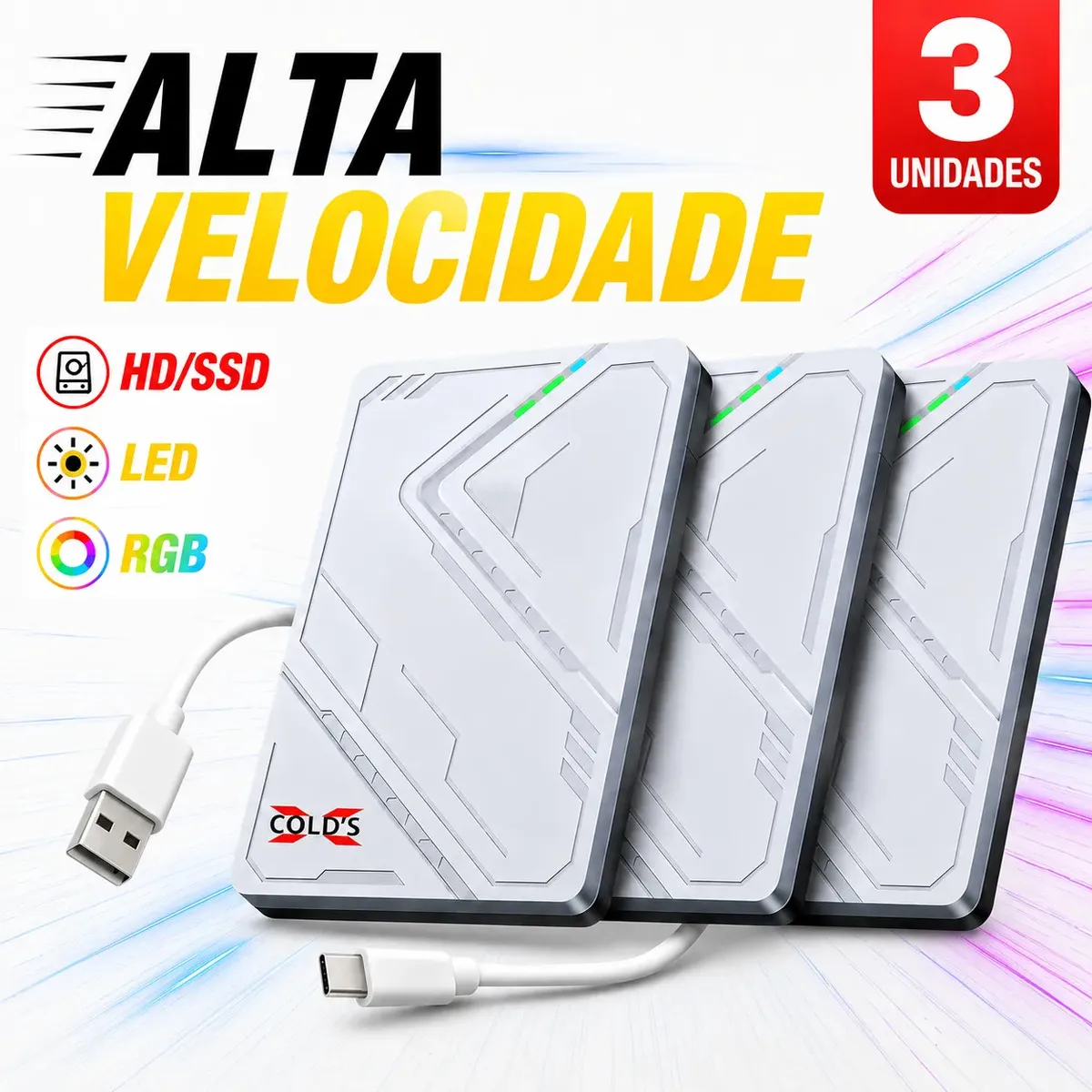 Case Externo Hd Ssd 2.5 Usb-c 3.1 Alta Velocidade Led Rgb 3 Unidades Compatível Pc Notebook Smart Tv Ps4 Ps5 Xbox Xcold's