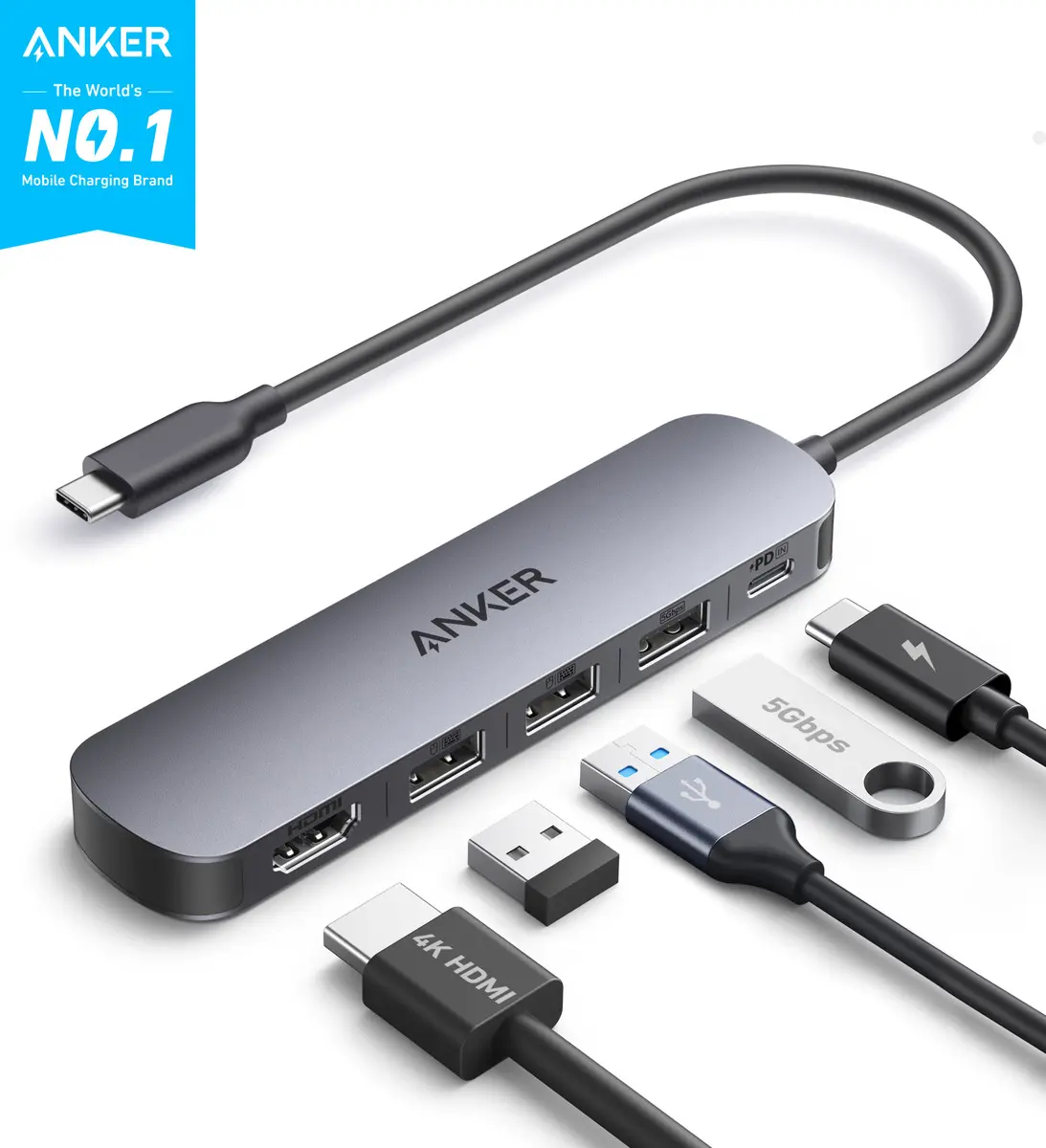 Hub USB C 5 portas em 1 Anker Dock Station Adaptador HDMI 4K, USB 3.0 5Gbps, Power Delivery 90W, Compatível com Thunderbolt para MacBook Pro