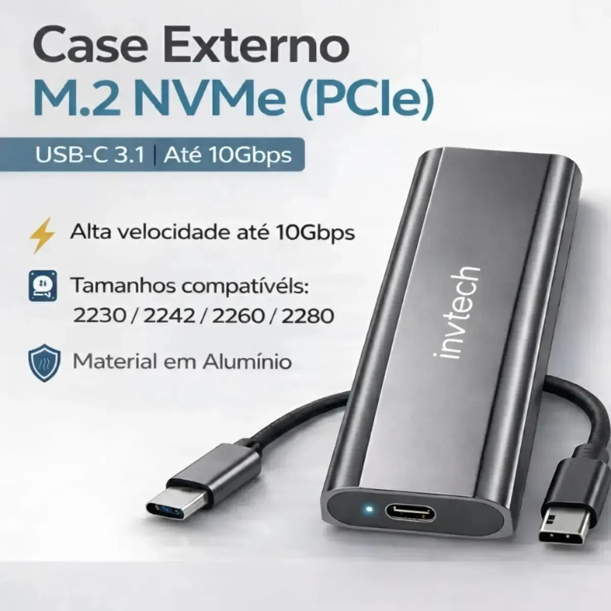 Case M.2 NVMe 10 Gbps de alumínio: para SSD NVMe (só M-Key)