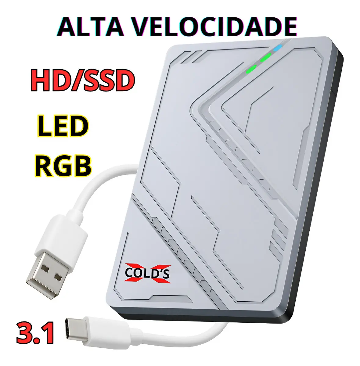 Case Externo Hd Ssd 2.5 Usb-c 3.1 Alta Velocidade Led Rgb Compatível Pc Notebook Smart Tv Ps4 Ps5 Xbox Xcold's
