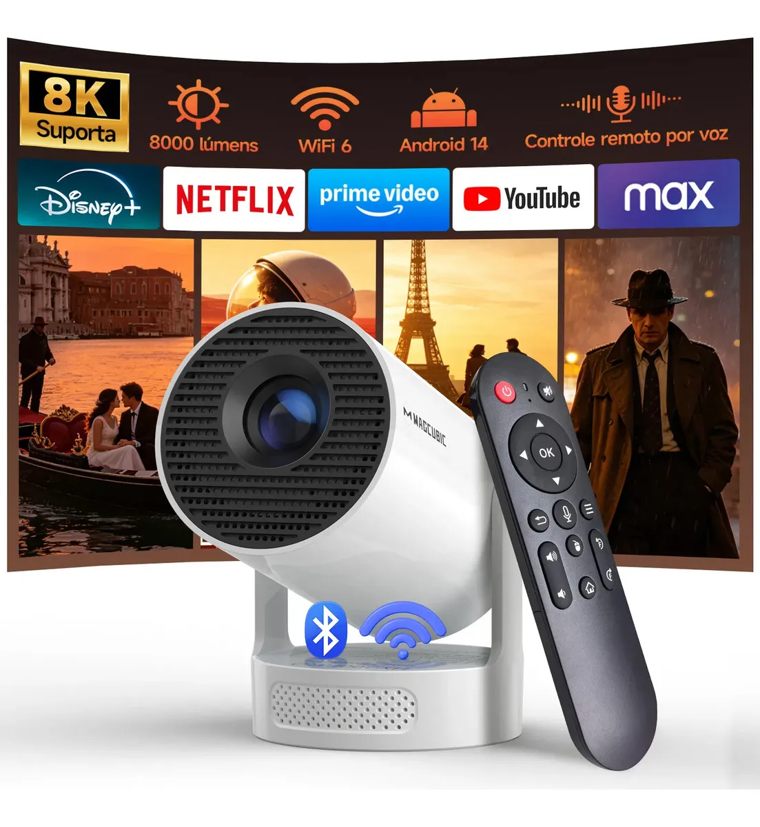 Projetor Magcubic HY300Pro+ 8K para Home Theater, com Android 14, Dual WiFi 6 e Bluetooth 5.4