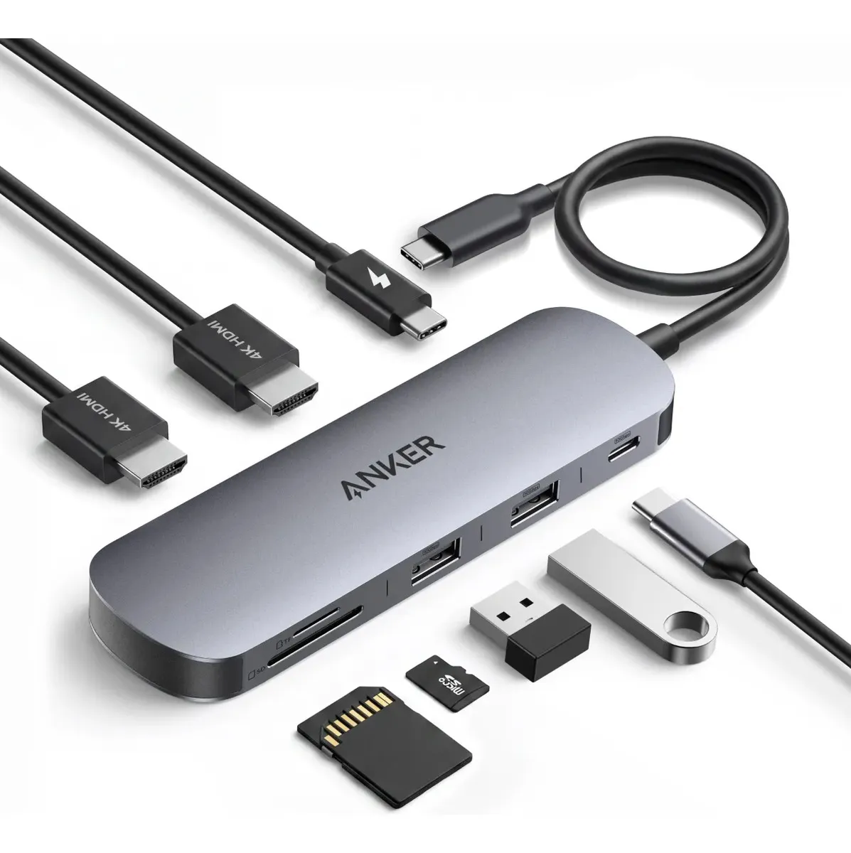 Hub Usb C 8 Portas Em 1 Anker Dual Monitor Adaptador, 2x HDMI 4K@60Hz para 2 Telas, 85W PD Carga Notebook, USB-A e USB-C 10Gbps Dados, Leito