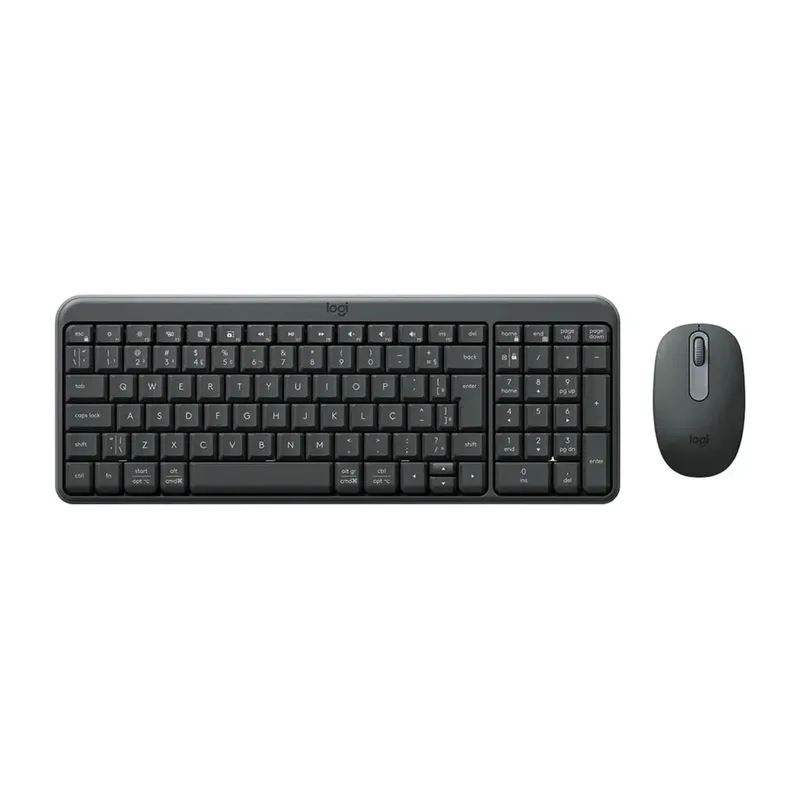 Teclado compacto grafite Logitech MK250 com teclado numérico e mouse sem fio pequeno ao lado