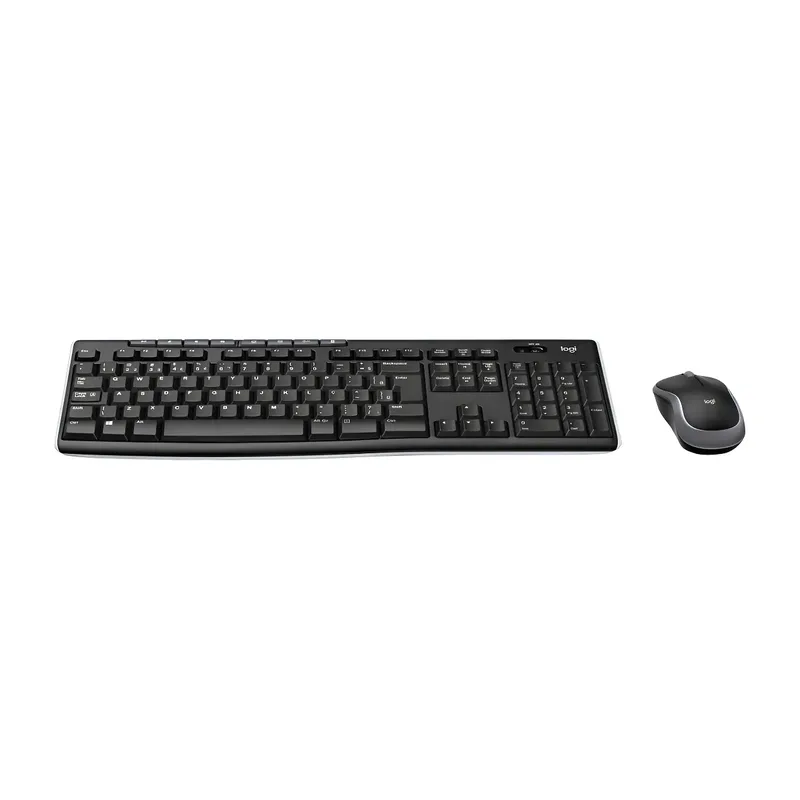 Teclado preto Logitech MK270 de tamanho completo e mouse sem fio cinza