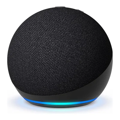 Echo Dot de 5ª geração preto, esférico, com o anel de luz azul aceso na base