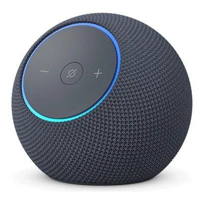 Echo Dot Max grafite, esférico, com botões no topo e anel de luz azul