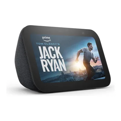 Echo Show 5 de 3ª geração preto, com tela de 5,5 polegadas exibindo um filme
