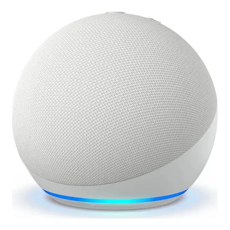 Echo Dot 5ª geração, smart speaker esférico com anel de luz azul na base, foto do catálogo do Mercado Livre