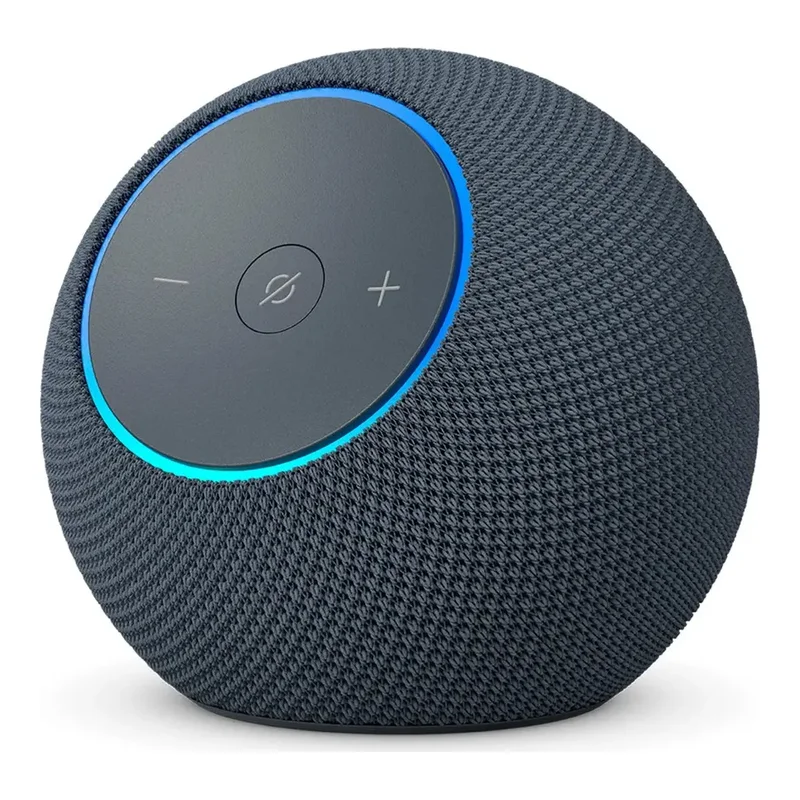 Echo Dot Max grafite com botões de volume no topo e anel de luz azul, foto do catálogo do Mercado Livre