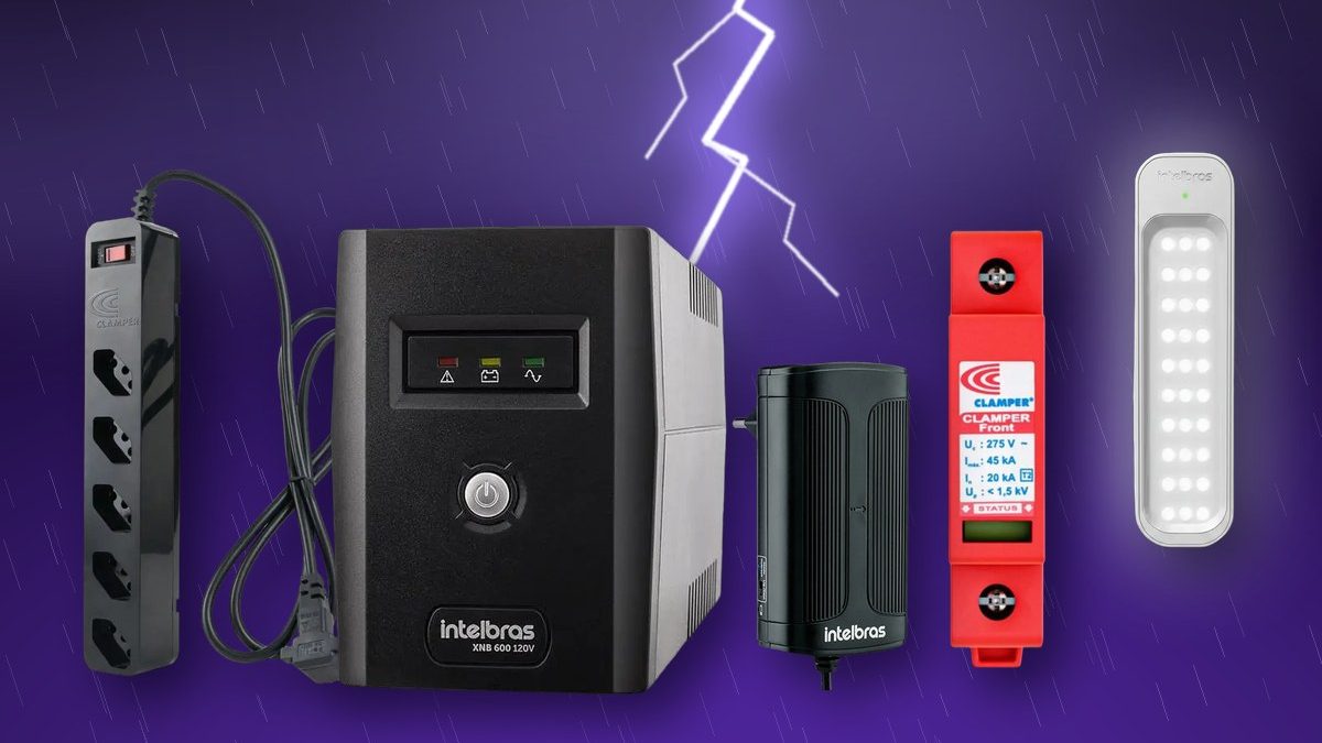 Nobreak Intelbras, filtro de linha iCLAMPER, fonte nobreak, DPS Clamper e luminária de emergência sob um céu de tempestade com raio