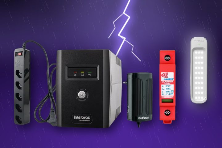 Nobreak Intelbras, filtro de linha iCLAMPER, fonte nobreak, DPS Clamper e luminária de emergência sob um céu de tempestade com raio