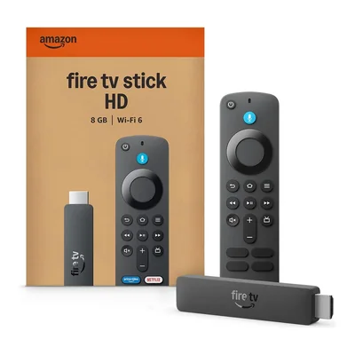 Fire TV Stick HD de 2ª geração com o controle remoto por voz ao lado da caixa