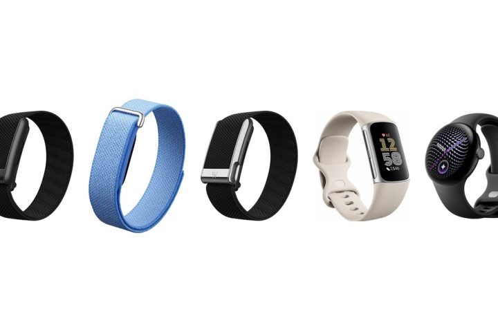 Pulseiras Whoop 5.0 e MG, Fitbit Air, Fitbit Charge 6 e Pixel Watch 5 lado a lado