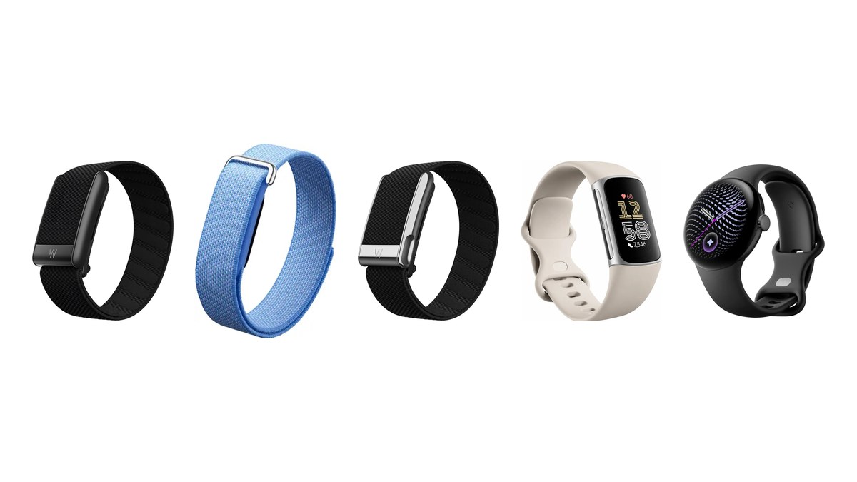 Pulseiras Whoop 5.0 e MG, Fitbit Air, Fitbit Charge 6 e Pixel Watch 5 lado a lado