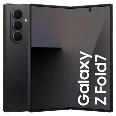 Samsung Galaxy Z Fold7 preto, aberto e fechado