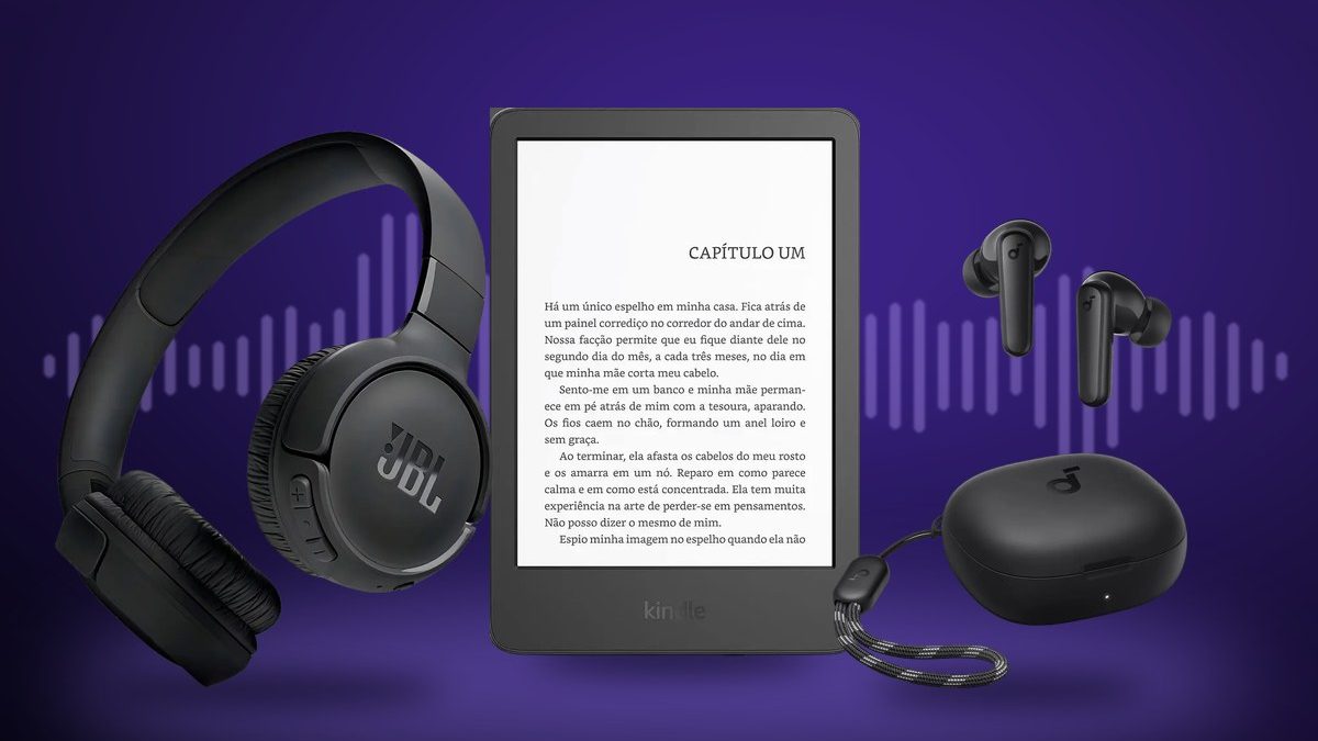 Headphone JBL Tune 520BT, Kindle e fones soundcore P20i sobre fundo roxo com ondas de áudio