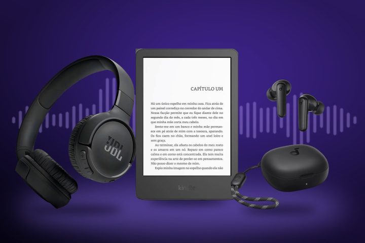 Headphone JBL Tune 520BT, Kindle e fones soundcore P20i sobre fundo roxo com ondas de áudio
