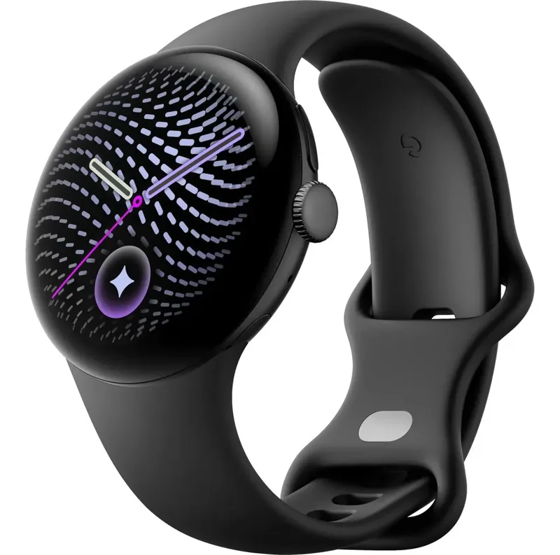 Google Pixel Watch 5 preto, redondo, com pulseira de silicone preta