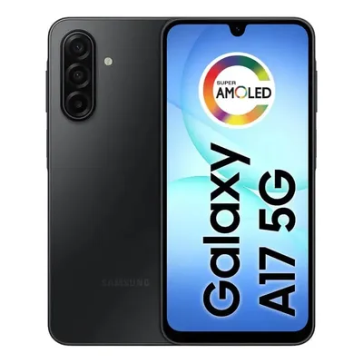 Celular Samsung Galaxy A17 5G preto, de frente e de costas, com a câmera tripla