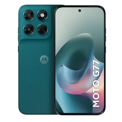 Celular Motorola Moto G77 verde-escuro, de frente e de costas, com a câmera tripla