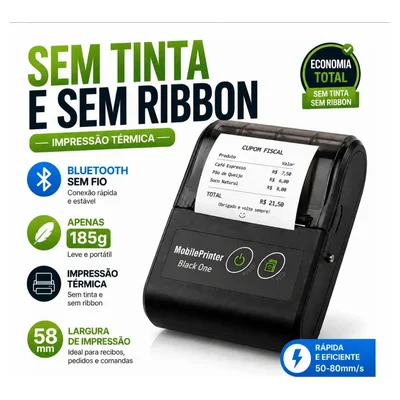 Mini impressora térmica portátil preta imprimindo um cupom