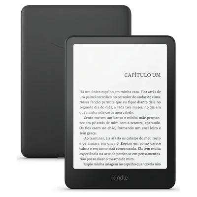 Kindle Paperwhite preto com uma página de livro na tela