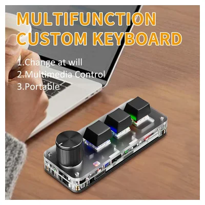 Mini teclado mecânico transparente com três teclas e um botão giratório