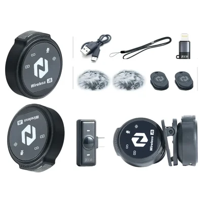 Kit com dois microfones de lapela sem fio, receptor e acessórios