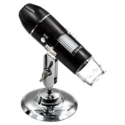 Microscópio digital USB preto com base metálica e anel de LED