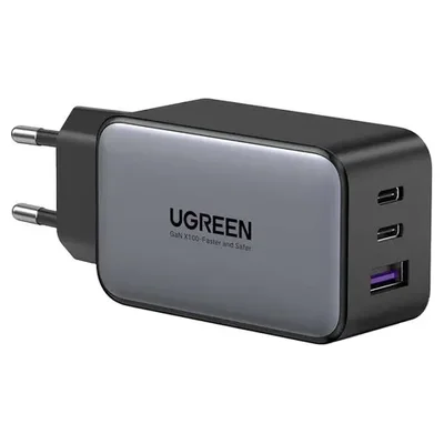Carregador UGREEN de 65 W cinza com duas portas USB-C e uma USB-A