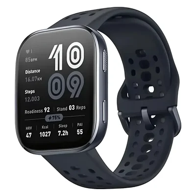 Amazfit Bip 6 preto com pulseira preta e tela com passos e frequência cardíaca