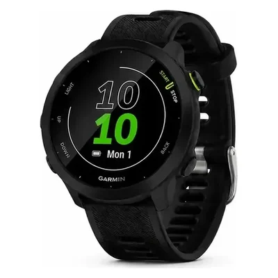 Garmin Forerunner 55 preto, redondo, com a tela mostrando 10:10 e pulseira preta