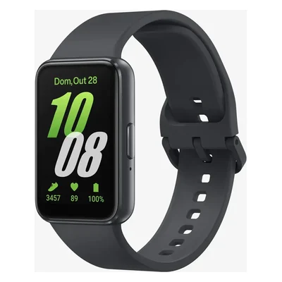 Samsung Galaxy Fit3 grafite com tela retangular mostrando 10:08 e pulseira cinza