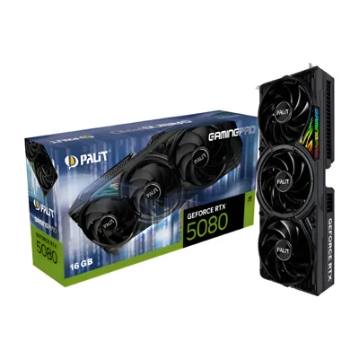 Placa de vídeo Palit GeForce RTX 5080 GamingPro com a caixa, foto de catálogo do Mercado Livre