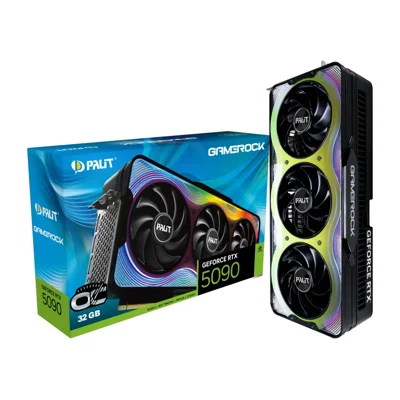 Placa de vídeo Palit GeForce RTX 5090 GameRock OC com a caixa, foto de catálogo do Mercado Livre