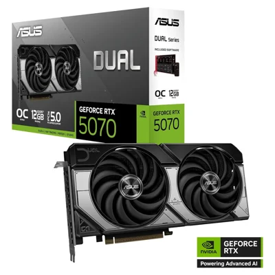 Placa de vídeo ASUS Dual GeForce RTX 5070 OC 12 GB com a caixa, foto de catálogo do Mercado Livre