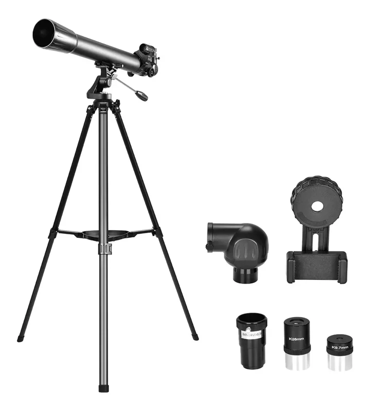 Telescópio refrator Greika 70070 preto no tripé de alumínio, com oculares, prisma diagonal e suporte de celular