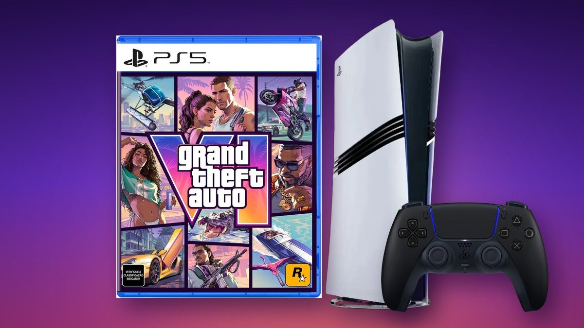 Caixa de GTA 6 para PS5 ao lado de um PS5 e de um controle DualSense preto