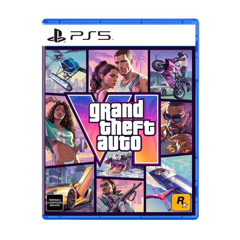 Caixa de Grand Theft Auto VI para PS5 com a arte de Jason e Lucia