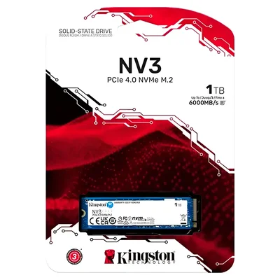 Caixa do SSD Kingston NV3 de 1 TB, PCIe 4.0 NVMe M.2, com o pente do SSD na frente