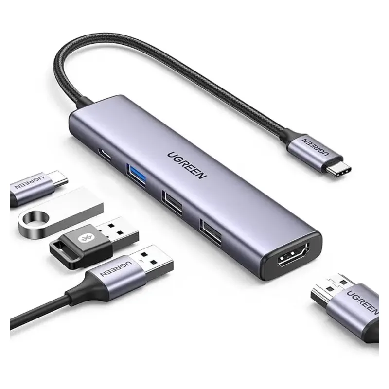 Hub USB-C Ugreen cinza com cabo, três portas USB, HDMI e entrada USB-C de carga