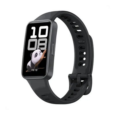 Pulseira Huawei Band 10 preta com tela mostrando a hora
