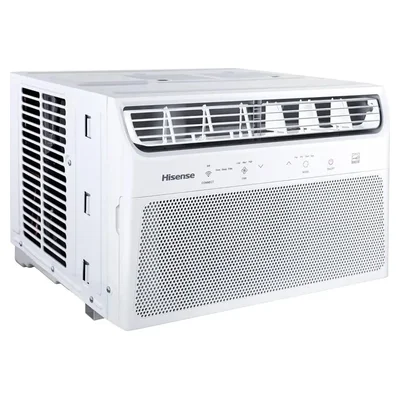 Ar-condicionado de janela Hisense AW-10CWBRVGU02 branco, visto de lado com o painel de comandos