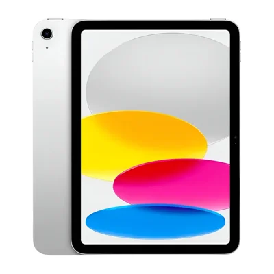iPad A16 prateado de frente, com a tela colorida padrão