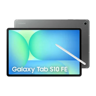 Galaxy Tab S10 FE cinza de frente e de costas, com a S Pen encostada na tela