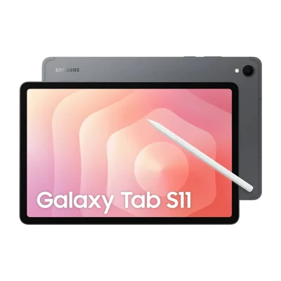 Galaxy Tab S11 cinza de frente e de costas, com a S Pen encostada na tela