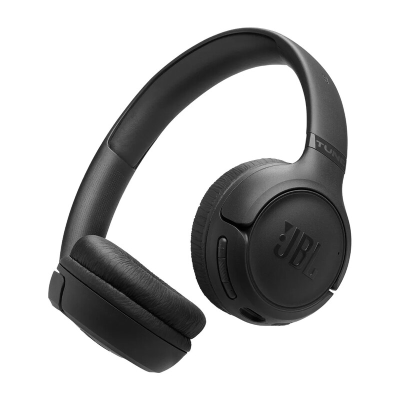 Fone JBL Tune 530BT preto, com a palavra Tune na haste e o logo JBL na concha