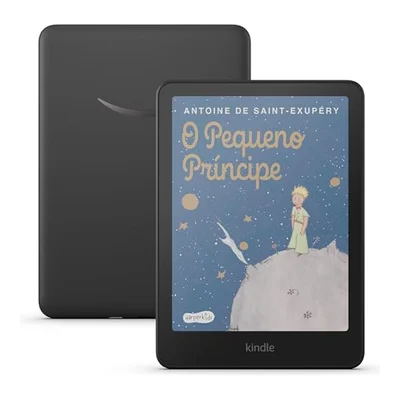 Kindle Colorsoft preto com capa de livro colorida na tela