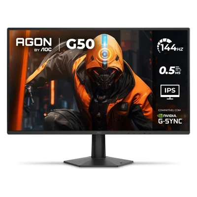 Monitor gamer AOC AGON G50 de 27 polegadas, preto, com base hexagonal e a tela com os selos 144 Hz e IPS
